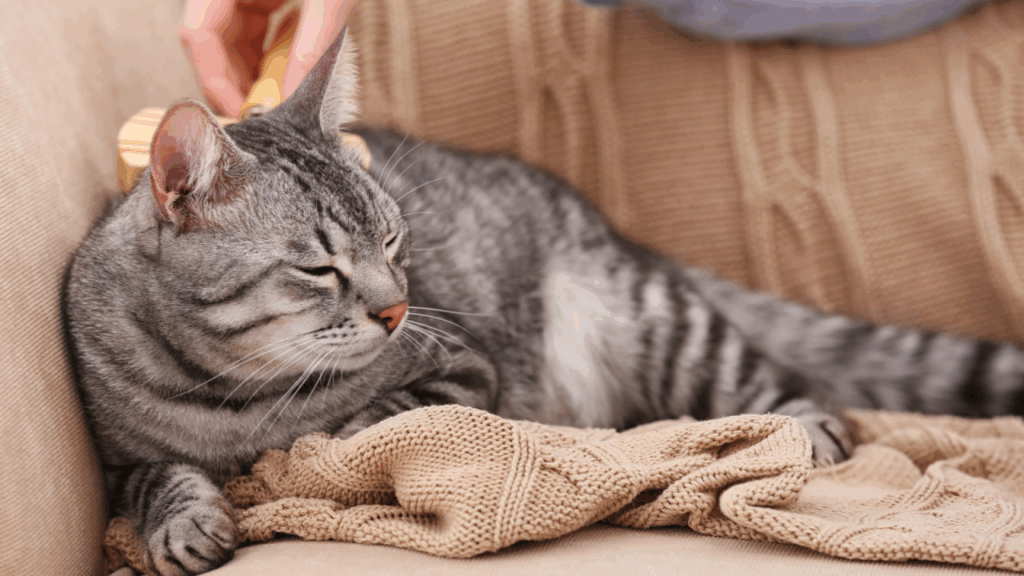 A tabby cat being brushed while lying on a beige couch with a knitted blanket.