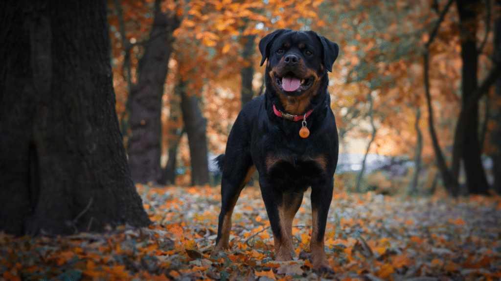 A black Rottweiler smiling in a leaf-covered park during autumn.